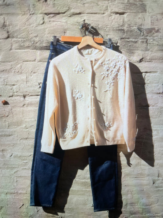 Cream cardigan with hand embroidered detailing